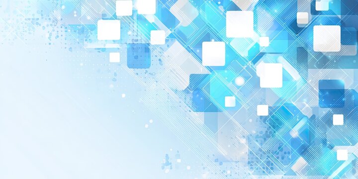 An abstract composition featuring overlapping translucent and solid blue squares against a light background