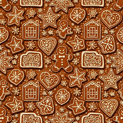 A festive collection of intricately decorated gingerbread cookies in various shapes, arranged in a seamless pattern.