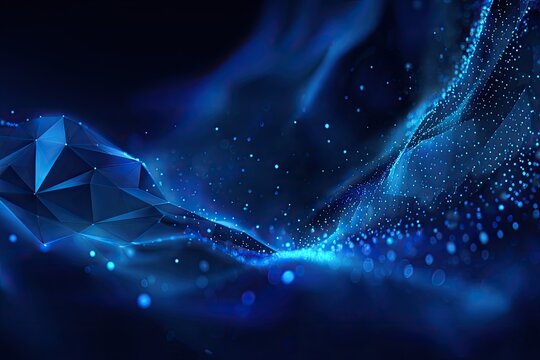 Abstract composition. Features geometric shapes, flowing particles, and radiant blue hues