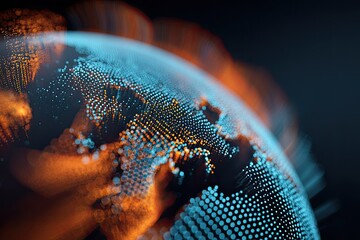 A stylized digital globe depiction, rendered with a dynamic, textured particle effect