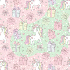 Whimsical illustration of unicorns, gift boxes, bows, and stars on a pastel background.