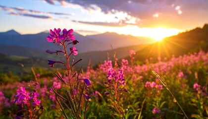 Fototapeta premium Pink wildflowers bloom in a field with mountains and sunset in background; warm light illuminating the landscape