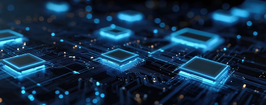Close-up of a detailed electronic circuit board with glowing blue components, a modern technological concept