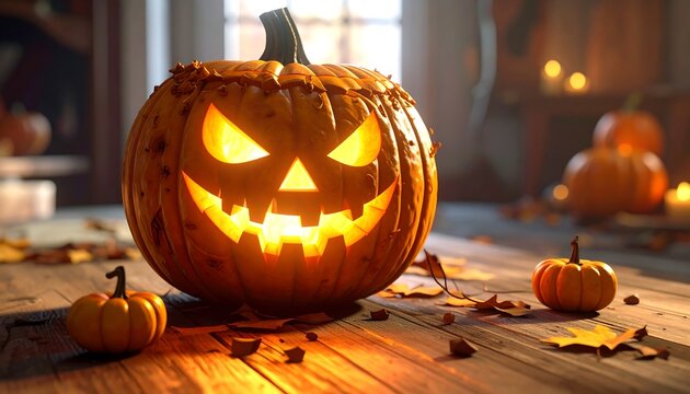 Lit jack-o'-lantern with spooky face sits on a wooden floor, surrounded by leaves and other pumpkins - Powered by Adobe