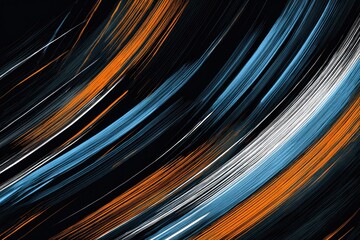 Abstract artwork featuring swirling lines in vibrant orange, blue, and white hues on a dark background