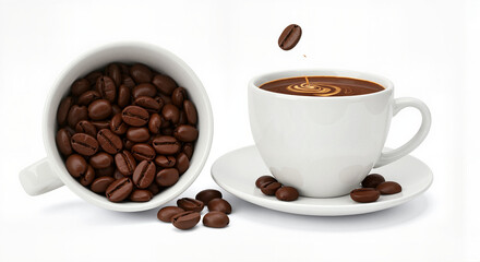Fototapeta premium Coffee beans in white cup with hot coffee on saucer 