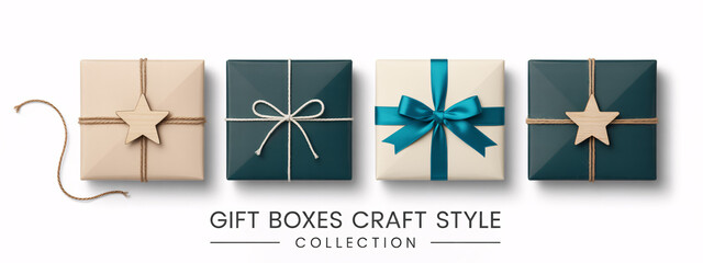 Four gift boxes in craft style, decorated with ribbons and stars, isolated on white background