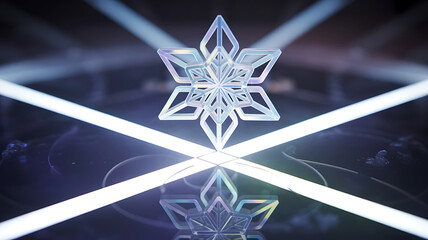 Abstract geometric star snowflake with light rays and reflections creating a magical winter atmosphere