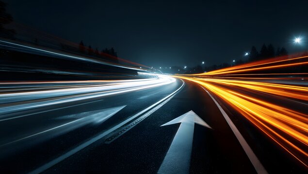 Abstract night road with streaks of light from moving vehicles creating a sense of speed and motion