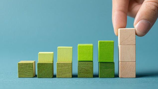 Hand building a block chart on a blue background symbolizing growth and progress