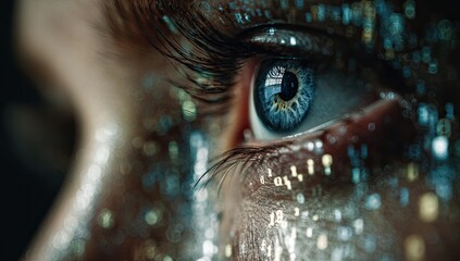 Close-up of a striking blue eye with shimmering glitter. Digitized aesthetic. Dark background