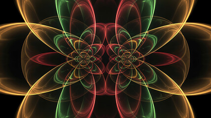 Abstract kaleidoscopic swirls of light and color create a mesmerizing fractal pattern
