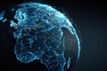 Illuminated digital globe showcasing interconnected networks over continents with a dark background