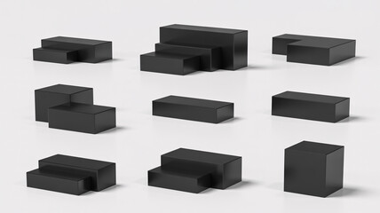 Collection of black geometric shapes and blocks isolated on white background