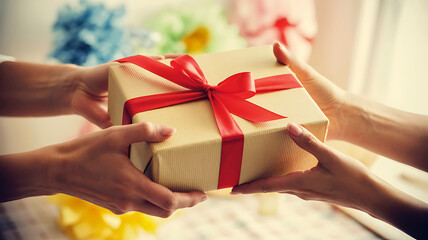 Hands exchanging a festive gift box tied with a vibrant red ribbon and bow