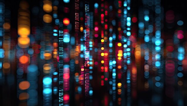 Abstract digital art with colorful, blurry lights resembling binary code data streams