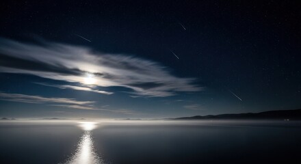 Magical night landscape with bright moon glow, stars, clouds and meteor shower over sea