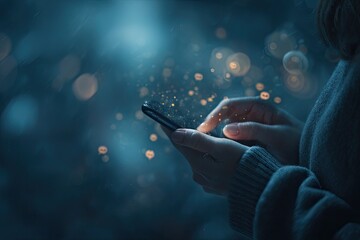 A person using a smartphone, with glowing particles and blurred lights, in a dark and atmospheric setting