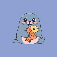 An adorable cartoon seal with big, sparkling eyes, blushing cheeks, and a happy smile is hugging a yellow and orange fish against a pastel blue background.