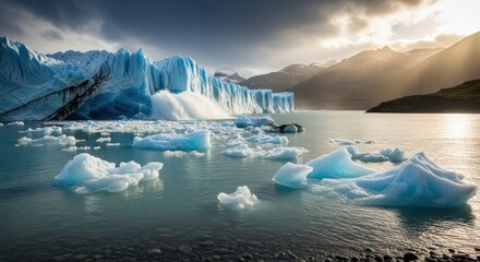 Majestic glacial landscape with turquoise water and imposing ice formations under cloudy skies