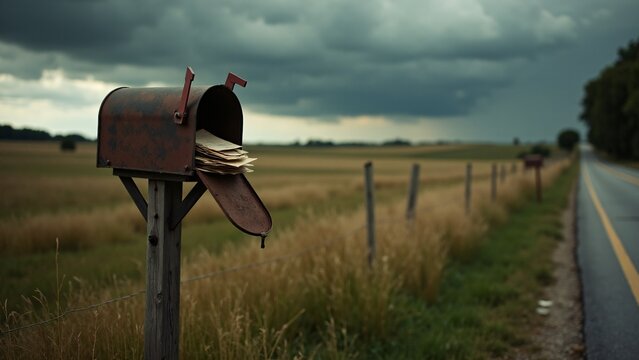 Open Rural Mailbox Under Stormy Sky