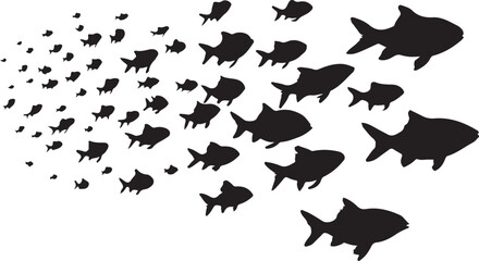 Black fish silhouettes swimming in a school of fish