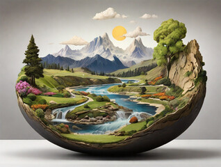 Miniature fantasy landscape in a glass bowl with waterfalls, mountains, and lush greenery under a glowing sun.