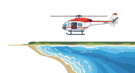 Fototapeta premium Vibrant vector illustration of a red and white helicopter gracefully flying along a picturesque sandy beach coastline above the clear blue ocean, symbolizing air travel and coastal exploration