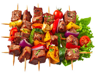Meat and vegetable shish kebab isolated on a transparent background.