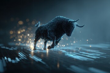 Digitally rendered bull emerging from financial data display with sparkling bokeh