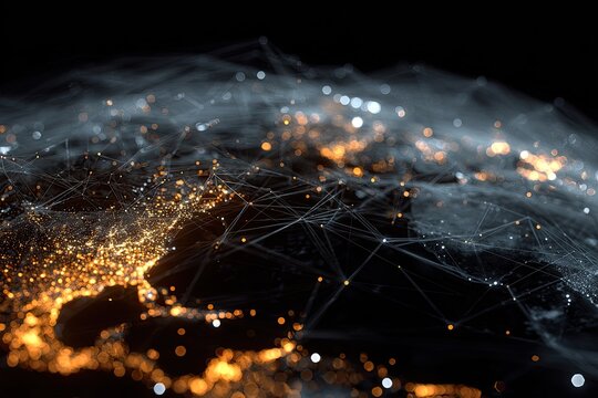 Digital representation of global connectivity with illuminated land masses and linked networks