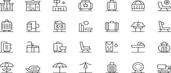 outdoor, leisure, travel, vacation, tourism, line icons, vector set, camping, beach, summer, holiday, luggage, suitcase, tent, picnic, trash can, garbage, fire pit, grill, vector illustration icon