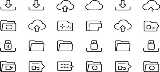 Fototapeta premium cloud storage, data management, line icons, vector set, file transfer, download, upload, cloud computing, server, folder, document, digital file, backup, sync, technology, database, networking, intern