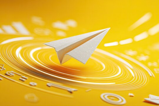 A paper airplane takes flight above illuminated, swirling circles against a vibrant yellow background