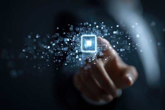 A person's finger touching an illuminated, glowing circuit board, indicating data processing