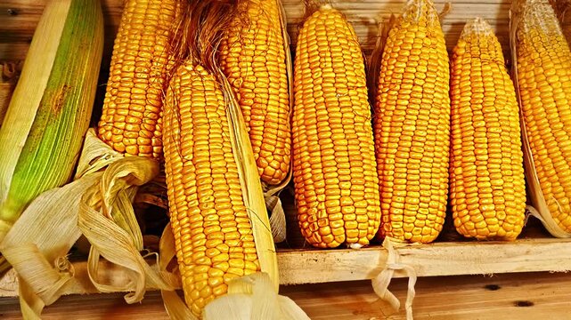 Freshly harvested sweet corn with bright golden kernels placed in a wooden box, showcasing natural textures and rich colors. The simple, rustic arrangement highlights the organic beauty 