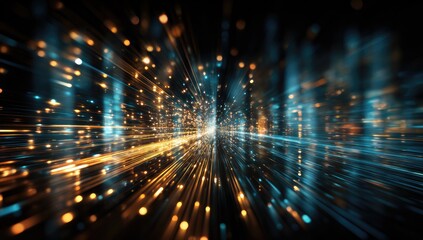 Abstract visualization of light trails and particles moving through space, digital