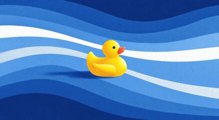 A rubber toy duck floats in undulating blue and white water. Simple background, child's play
