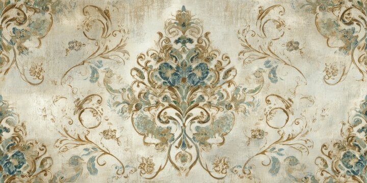 Ornate wallpaper design with scrolling floral patterns in muted tones of teal, brown, and beige