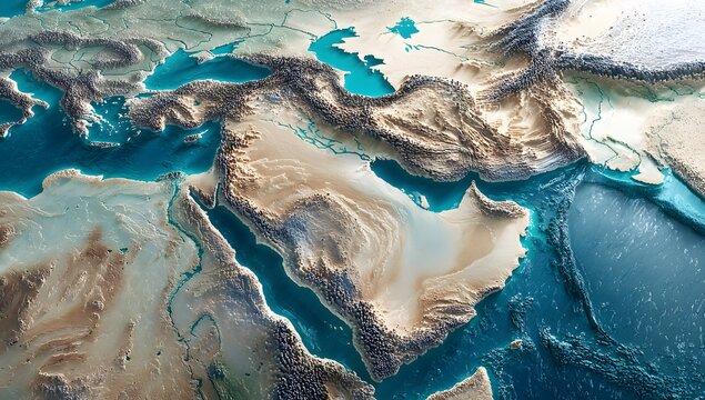 Detailed topographical map of the middle east region showing landforms and water bodies in a realistic render