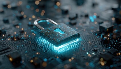 Close-up shot shows a shining lock over a motherboard, symbolizing digital safety
