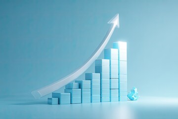 A stylized blue bar graph with an upward pointing arrow, set against a solid blue background