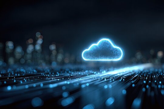 A glowing digital cloud hovers above a blurred city. Light streaks across an abstract blue background - Powered by Adobe