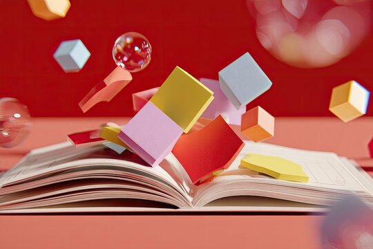Open book with colorful geometric shapes floating above it, red background