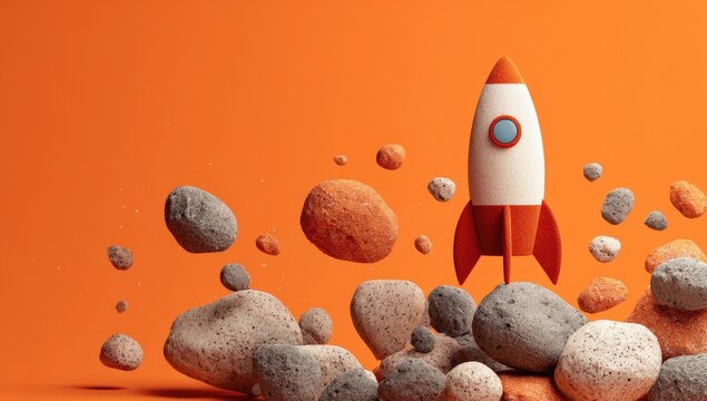 Orange background with a cartoon rocket launching above scattered floating stones - Powered by Adobe