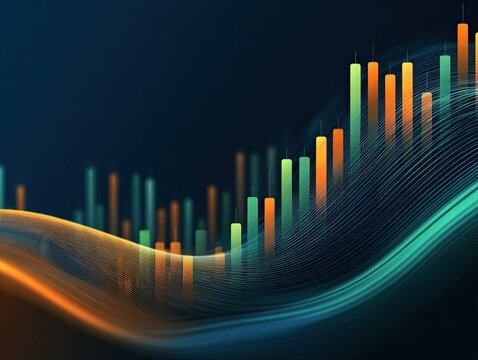 Abstract, graphical representation of data with rising bars on a wavy, gradient background