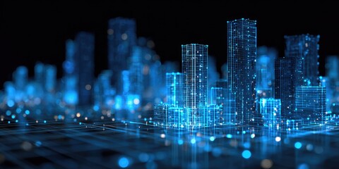 Futuristic cityscape rendered in glowing blue, showcasing digital architecture and data networks