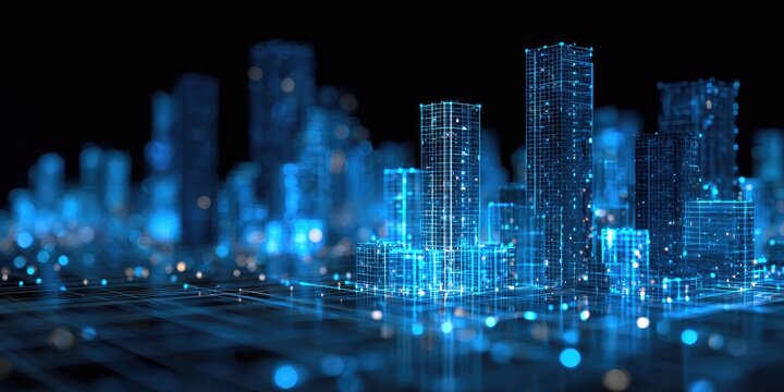 Futuristic cityscape rendered in glowing blue, showcasing digital architecture and data networks