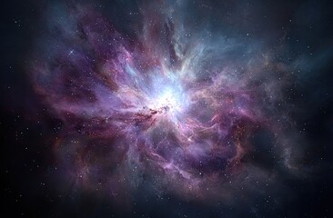 Fototapeta premium A radiant nebula in deep space, with swirling colors of purples, blues, and pinks, illuminated in the center