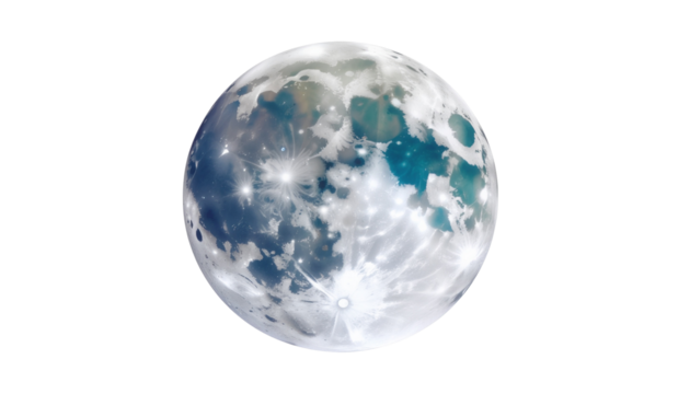 Bright full moon illuminates the dark craters on the full lunar globe on  a white background.